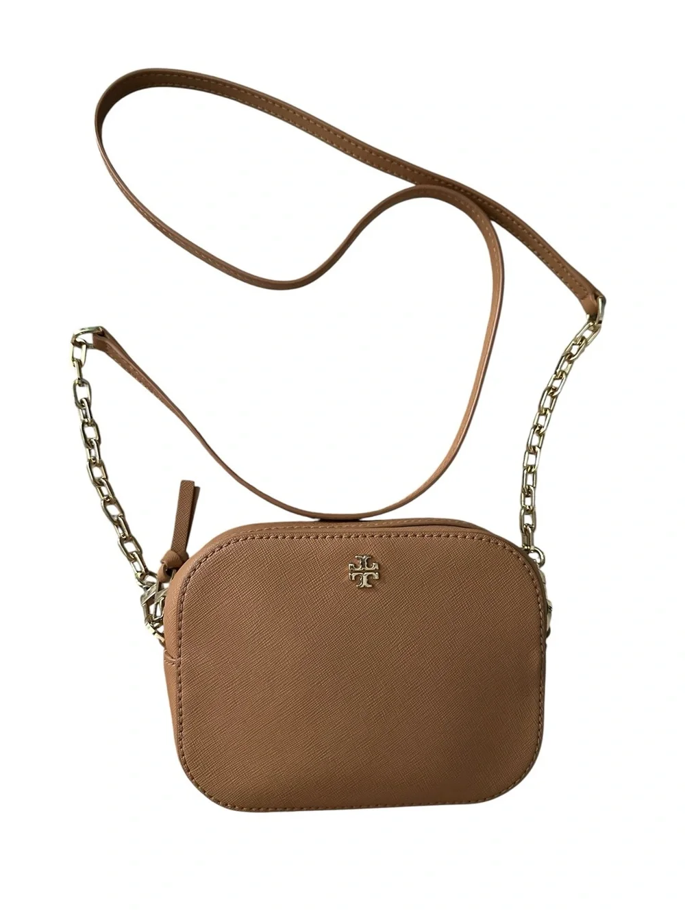 Tory Burch Tan Leather Crossbody Camera Bag with Gold Chain